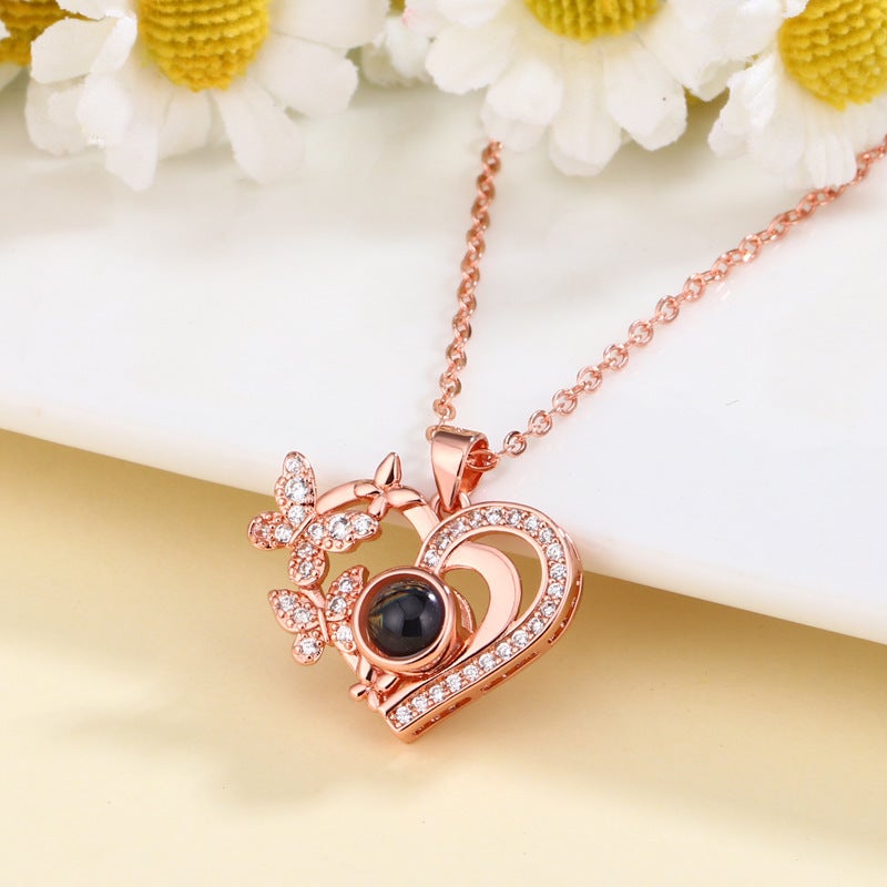 Popular Heart Butterfly Necklace For Women In 100 Languages ​​I Love You Color Picture Projection Customized Heart Clavicle Chain - Image 4